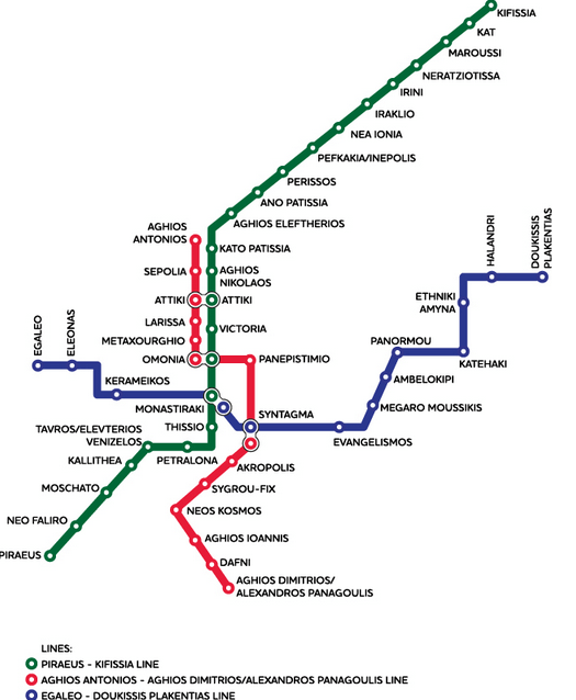 Схема метро Афин предельно проста – все три ветки пересекаются друг с другом в одном или нескольких местах. Единой точки пересечения всех трех направлений нет